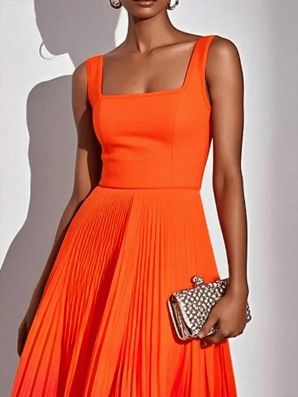 Orange Elegant Casual Women's Sleeveless Zipper Ombre Pleated Evening Dress - Picture 4 of 6